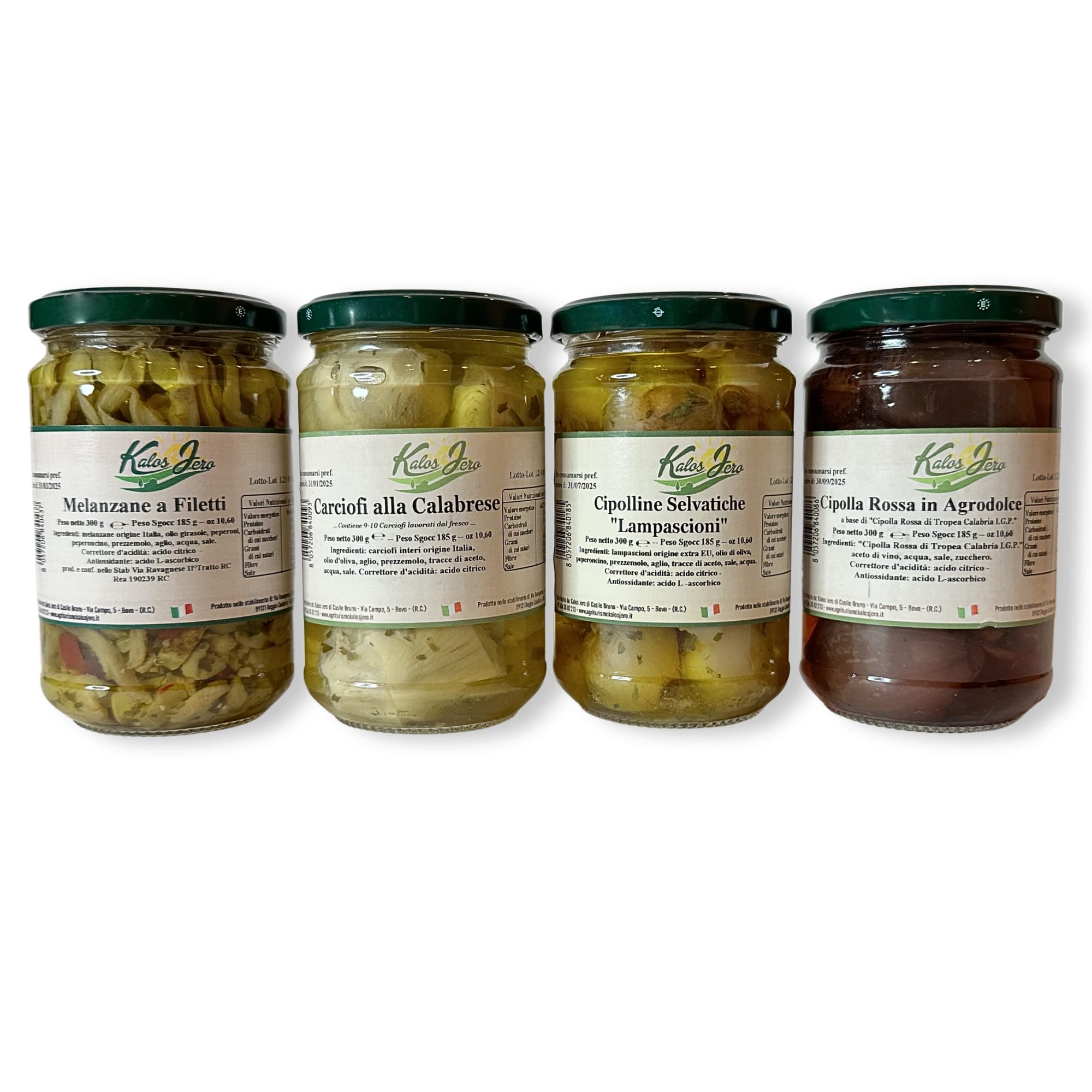 Promo Assaggio Specialità Calabresi, Melanzane a Filetti, Carciofi alla Calabrese, Cipolline Selvatiche Lampascioni, Cipolla Rossa di Tropea in Agrodolce - Kalos Jero
