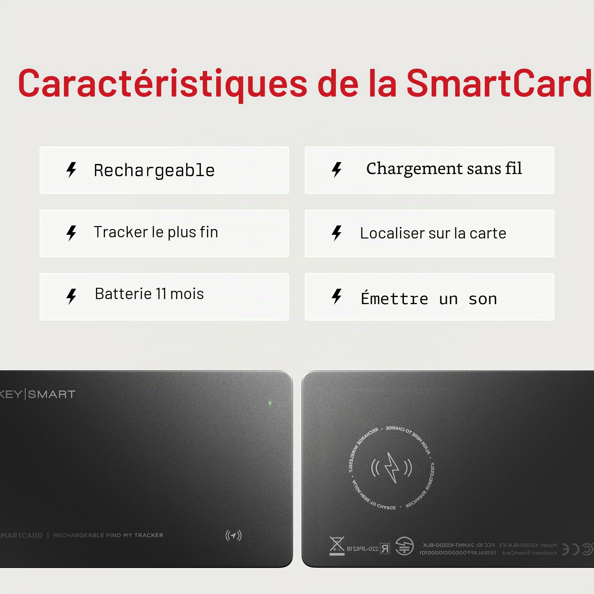 KeySmart SmartCard (Gen 3) Carte de suivi de portefeuille certifiée MFI, double réseau compatible avec Apple Find My et Google Find Hub, localisateur d'articles GPS rechargeable, suivi pour étiquette