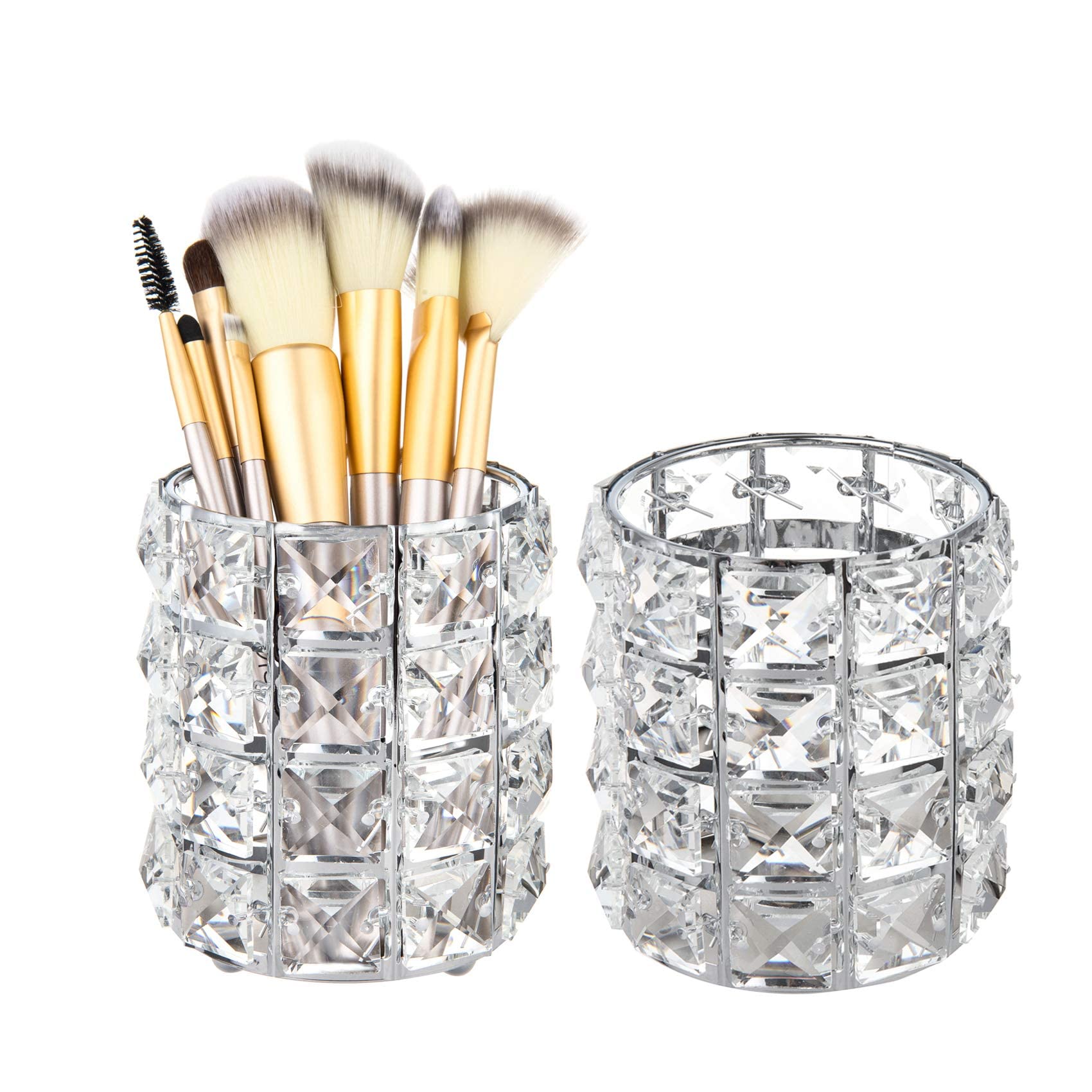 Feyarl 2pcs Crystal Beads Makeup Brush Holder Silver Bling Handcrafted Comb Brush Pen Pencil Holder Pot Cup Storage Cosmetic Tools Organizer Container Candle Holder