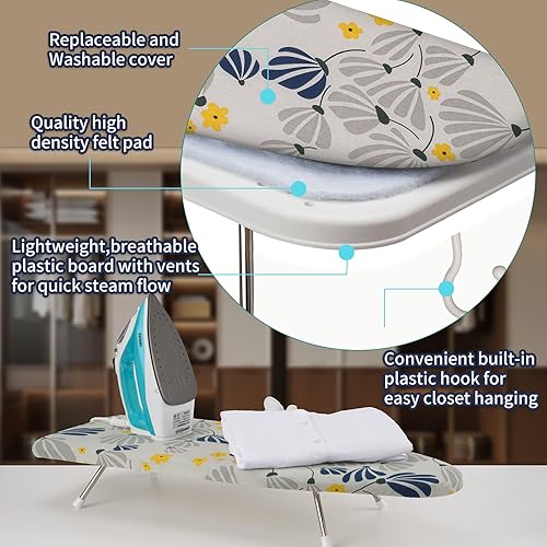 Miniatura 5 de Tabla de planchar de mesa de 12 x 29 pulgadas, tabla de planchar plegable portátil con acolchado de fieltro grueso, cubierta resistente al calor,