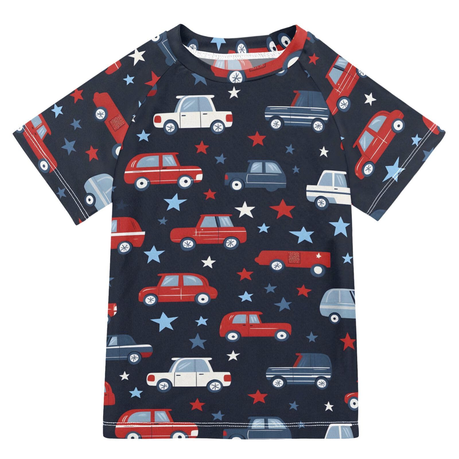 ALAZA Boys Swim Shirts Toddler Rash Guard Short Sleeve Rashguard Car Star Print UPF 50+ 11-12T