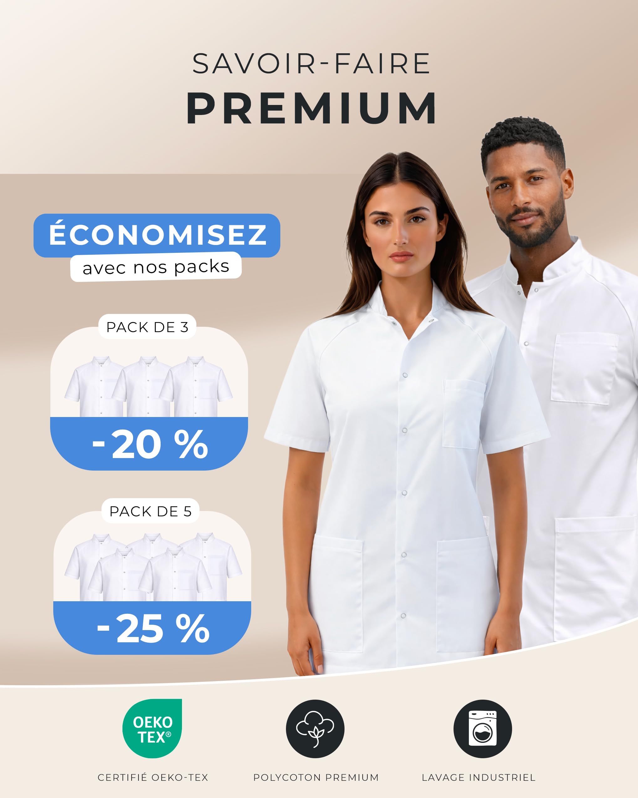 Blouse médicale Mixte col Officier – Lot de 1/3/5 – Qualité supérieure – Polycoton 65/35 Oeko-TEX – Blouse Hôpital Clinique Infirmier(e) Aide-Soignant(e) Médecin Kiné Pharmacien(ne)