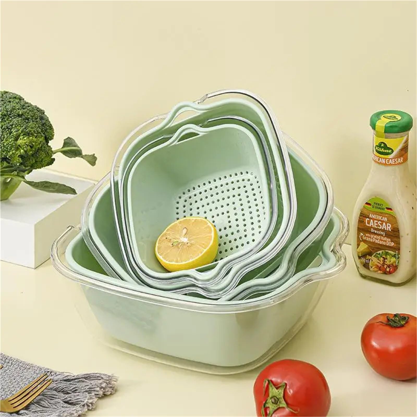 Cuenco de cesta drenaje doble silicona for cocina, 3 uds Para Cocina | Cesta de almacenamiento for lavado, coladores, cuencos, escurridor, colador de limpieza de verduras, herramienta(Yellow)