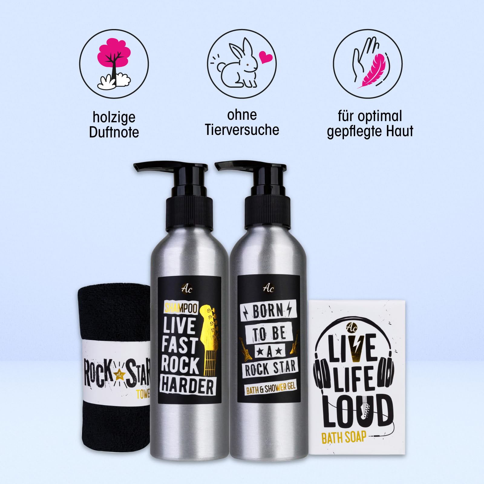 Accentra Geschenkset Männer ROCKSTAR, Pflegeset in Metall Gitarre mit Duschgel, Shampoo, Seife, Handtuch, rockige Geschenkidee für Geburtstag, Vatertag, Pflege Set für Rockfans und Musikliebhaber