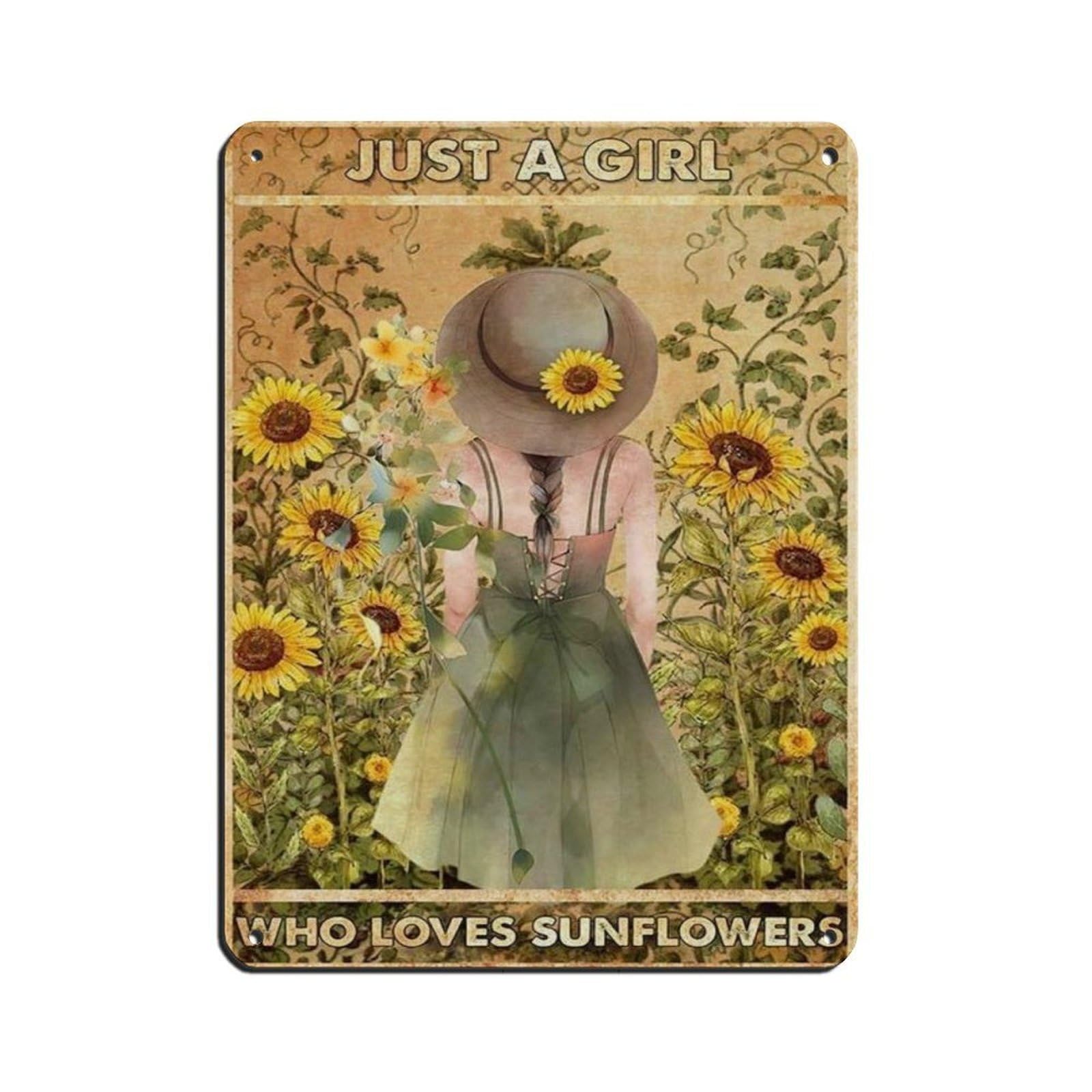 Just A Girl Who Loves Sunflowers Tin Sign Vintage Metal Pub Club Cafe Bar Home Wall Art Decoration Poster Retro 12x16inch(30x40cm)