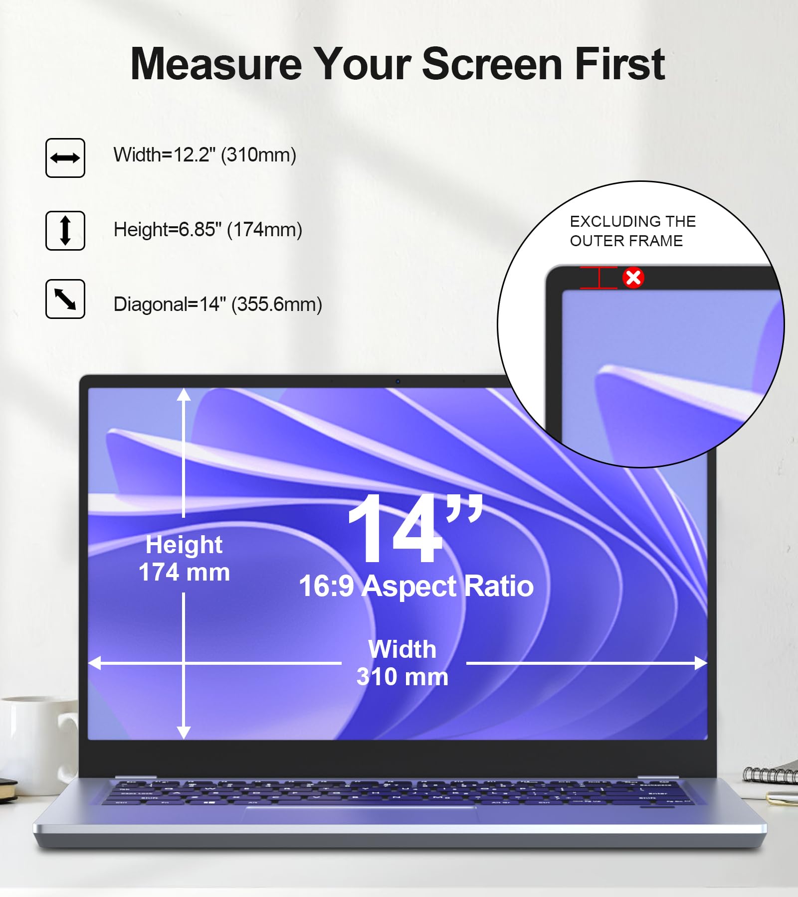 Magnetischer Blickschutz für 14 16:9 Laptop, Zweiseitige Laptop Blickschutzfolie/Sichtschutzfolie, Blaulichtfilter/Blickschutzfilter mit 60 Grad Sicht( /-30 Grad), TAA