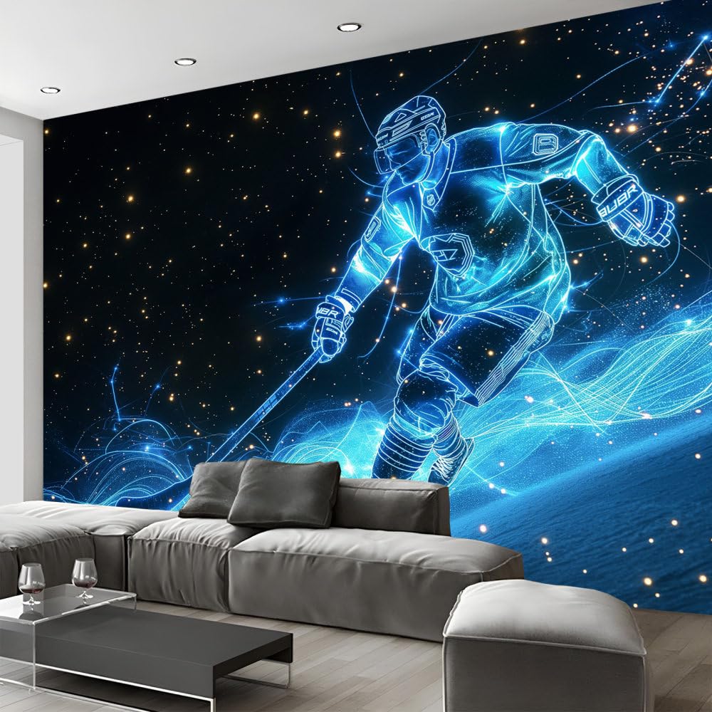 Photo Wallpaper Ice Hockey Player Wall Murals - Removable Peel and Stick Self-Adhesive Foil Print Wall Mural Decoration Large Photo Wallpaper Picture Design Player in Ice and Fire