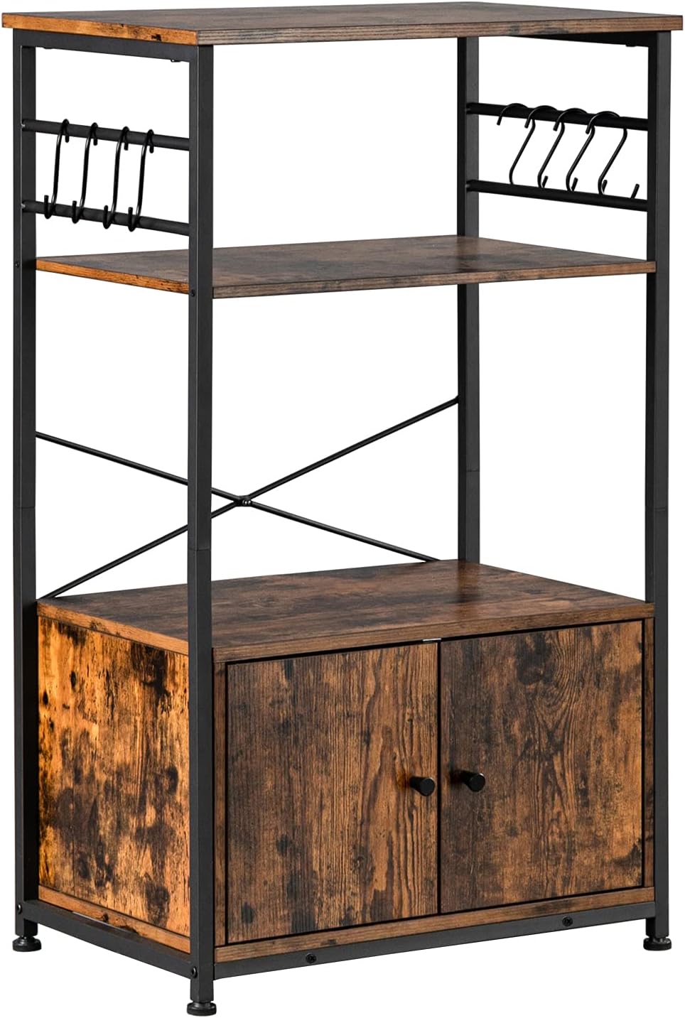 Kitchen Organization Bakers Rack, 3-Layer Kitchen Storage Shelf with Cabinets and Hooks, Microwave Stand with Shelves for Kitchen, Living Room, Bathroom, Brown