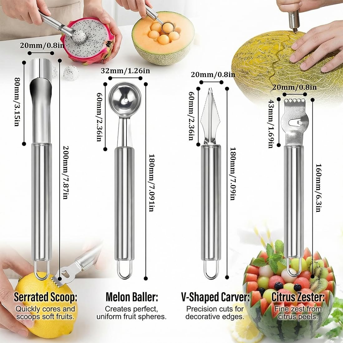 Set 4 en 1 Cuillère Parisienne à Melon Vide Pomme Denoyauteur Couteau Sculpteur Fruits Ustensile de Cuisine en Acier Inoxydable pour Faire des Billes