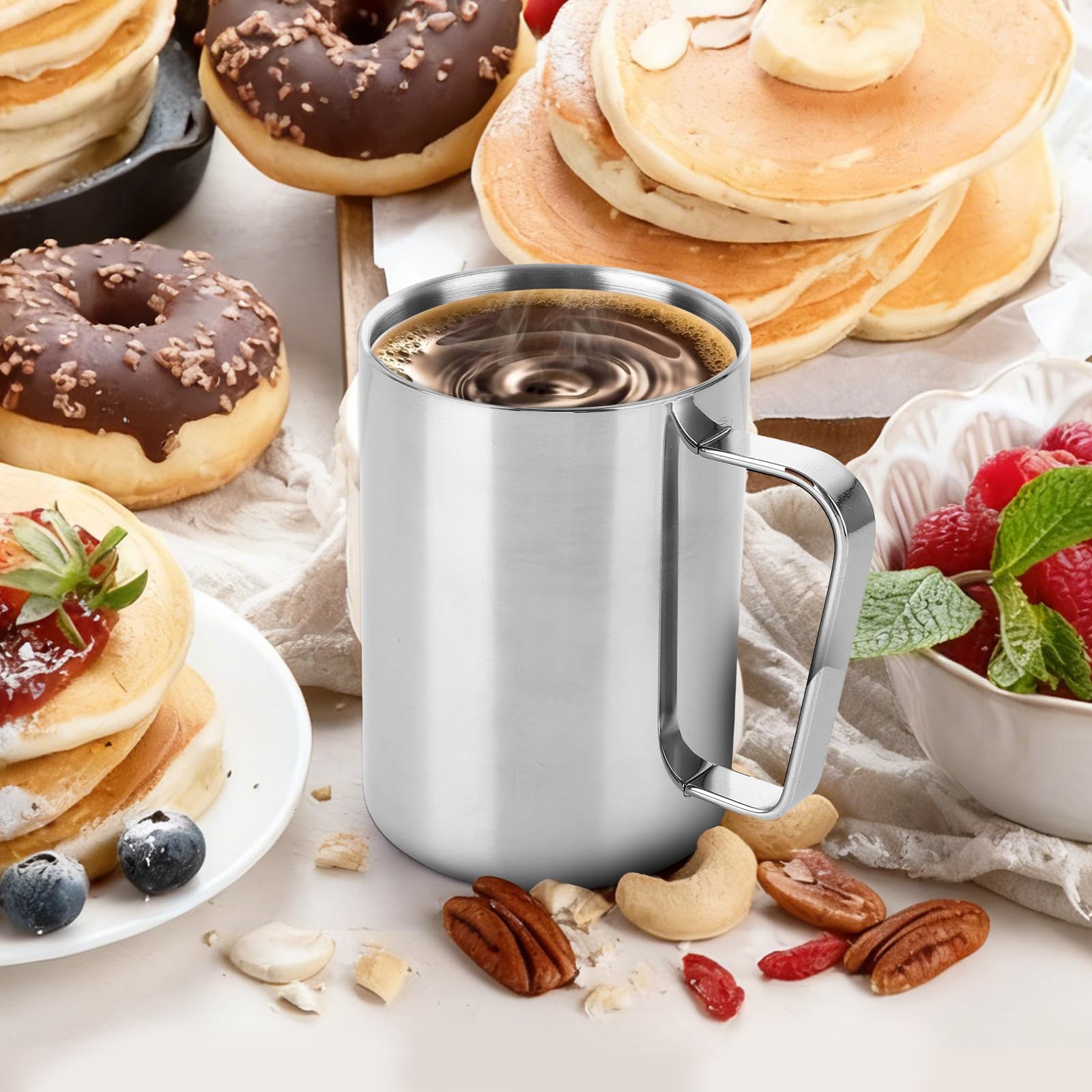 APACALI Edelstahlbecher 3er Set, 500ml / 481.9 g Doppelwandiger Kaffeebecher, Edelstahl Campingbecher, Metall Kaffeetassen mit Griffen für kalte oder heiße Getränke, Silber