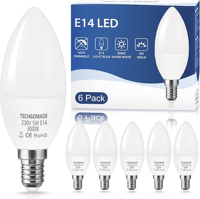 E14 LED Candle Bulb, Techgomade 5W E14 Bulb, 500LM, Bright as 60W Equivalent Candle Bulbs C37 (SES) Small Screw, Warm White 3000K, Non-Dimmable, Ideal for Bedroom, Living Room, Crystal Chandelier