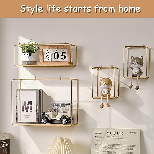 Miniatura 6 de Vansza 4 estantes flotantes rectangulares para montar en la pared, estante decorativo de metal con base de madera, estantes modernos de decoración
