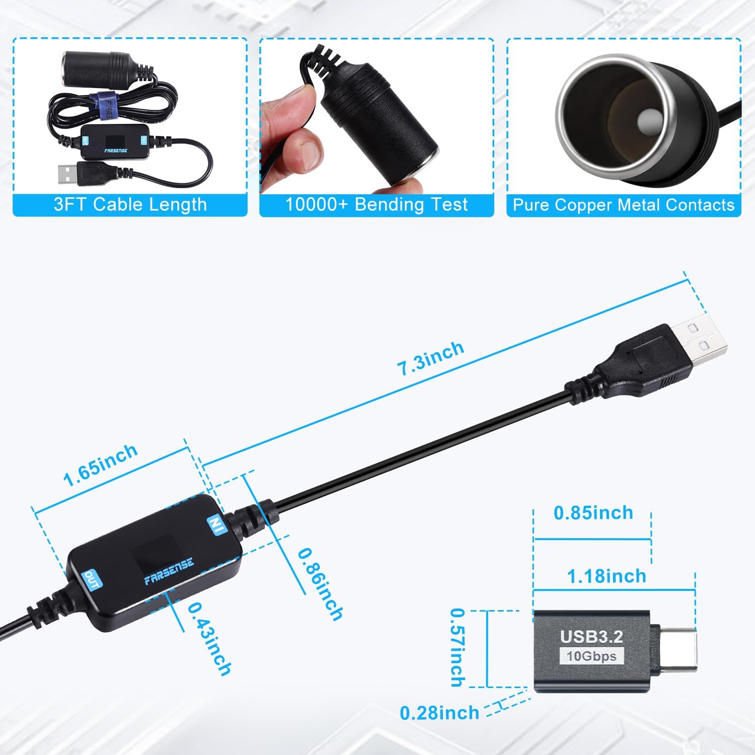 FARSENSE 5V to 12V Step Up Converter Cable, USB A/Type-C to 12V Car Cigarette Lighter Socket Adapter with Voltage Display - 3FT DC Power Cord for Dash Cam, GPS, Driving Recorder & Car Electronics