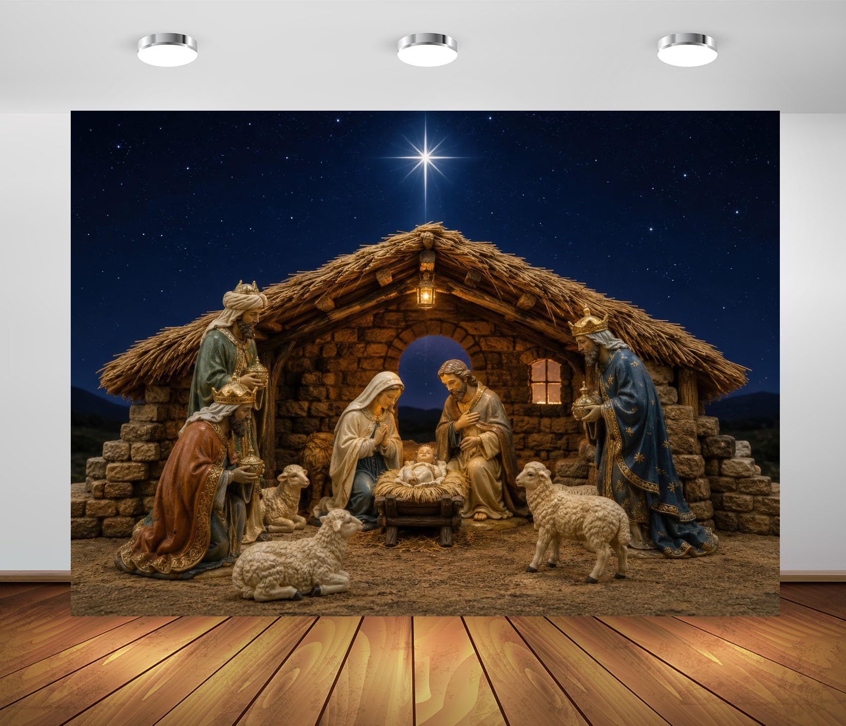 BELECO 3.6x3m Sfondo in tessuto Natività notte stellata e presepe