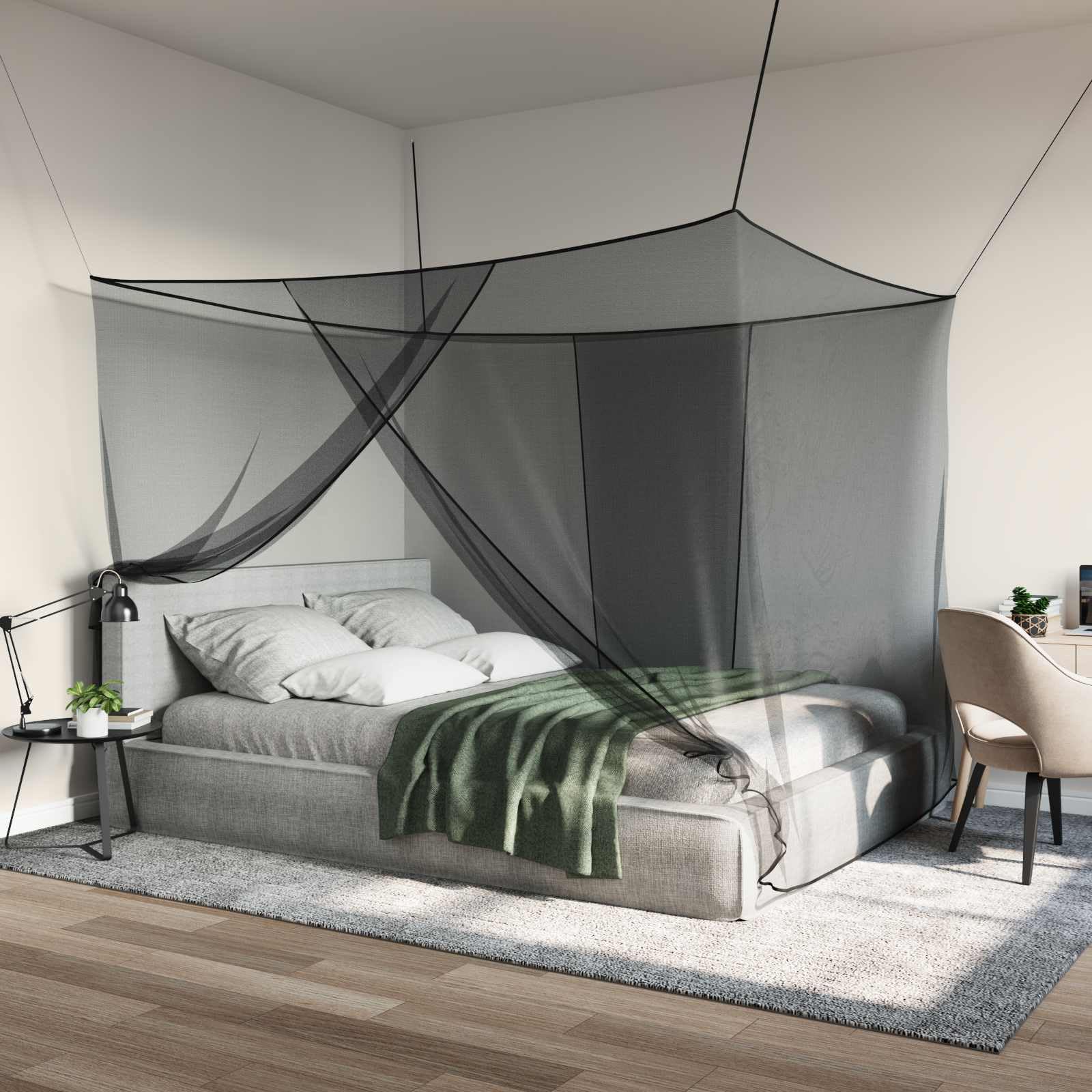 Moskito Netz für Bett aus Polyester, 156 Maschen, schwarz, 3er Set, 220 x 180 x 180 cm, mit genähter Öffnung, für Schlafzimmer und Innenbereich