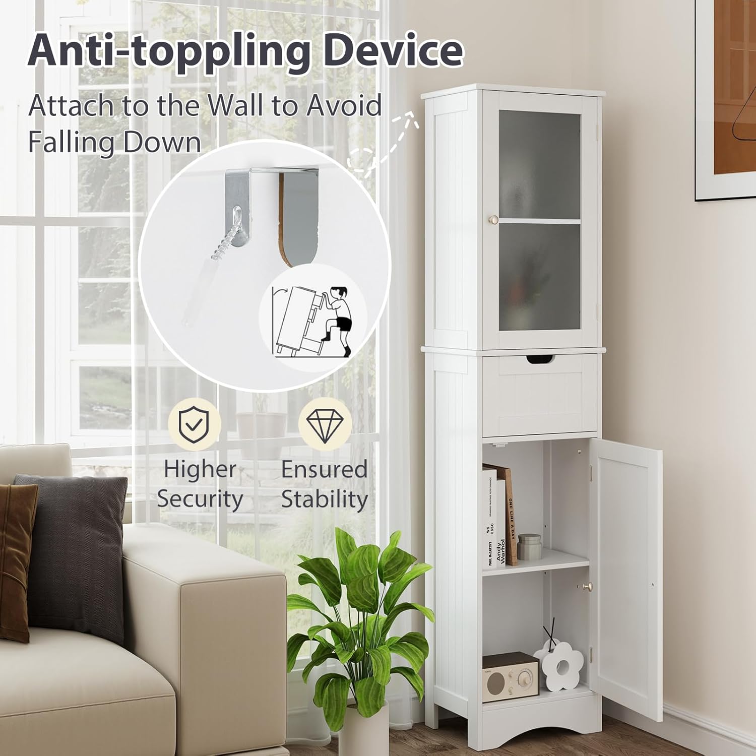 LOKO 67” Tall Bathroom Storage Cabinet with 2 Doors & 1 Drawer, Modern Floor Cabinet with Adjustable Shelves & Frosted Glass Door, Narrow Linen Tower Cabinet for Bathroom Living Room (White)