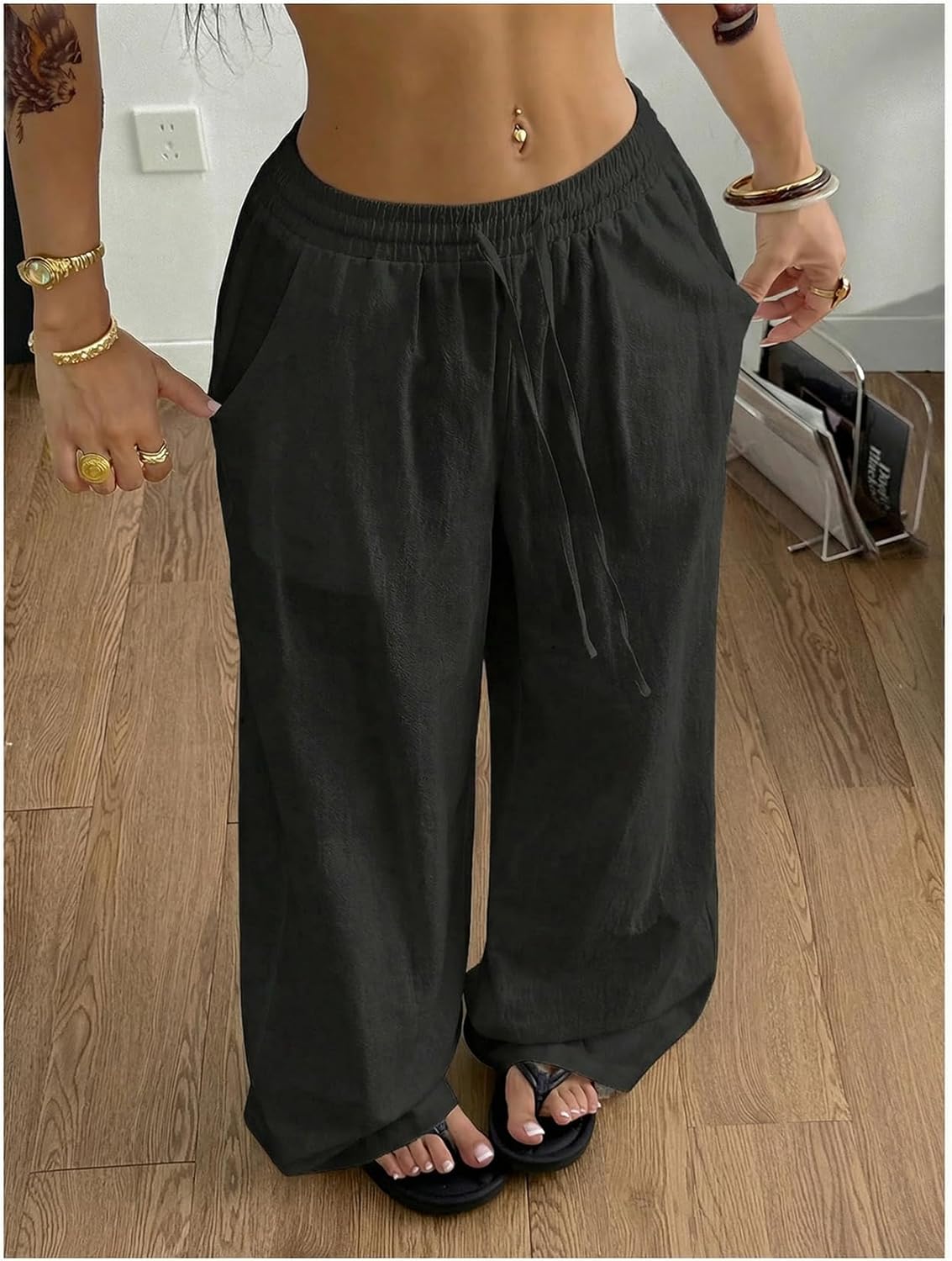 Women's Boho Wide Leg Linen Pants Drawstring Waist Casual Loose Trousers Vacation Outfits - Image 2