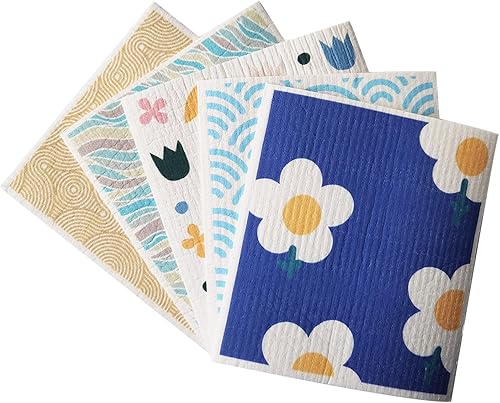 Paños de cocina suecos, paños de esponja reutilizables para cocina, paños de limpieza para cocina, patrón de colores, paquete de 5