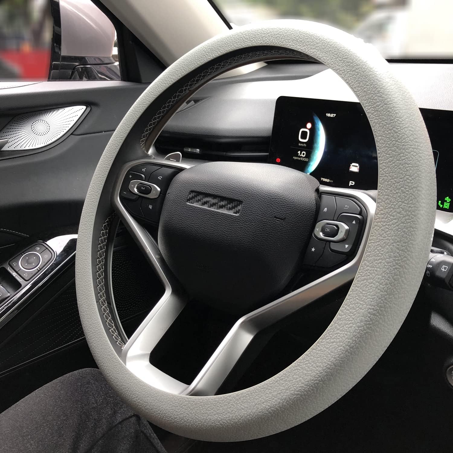Qizun Grey Steering Wheel Cover For Civic Xi Hatchback 2022-, Car Interior Protector 13.5-15 Inch 5D Touch Anti-Slip Sweat-Proof Elastic Accessories,