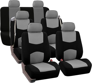 FH Group Three Row Full Set - 7 Seater All Purpose Flat Cloth Built-in Seat Belt Car Seat Cover- Universal Fit for Cars Trucks and SUVs Gray/Black