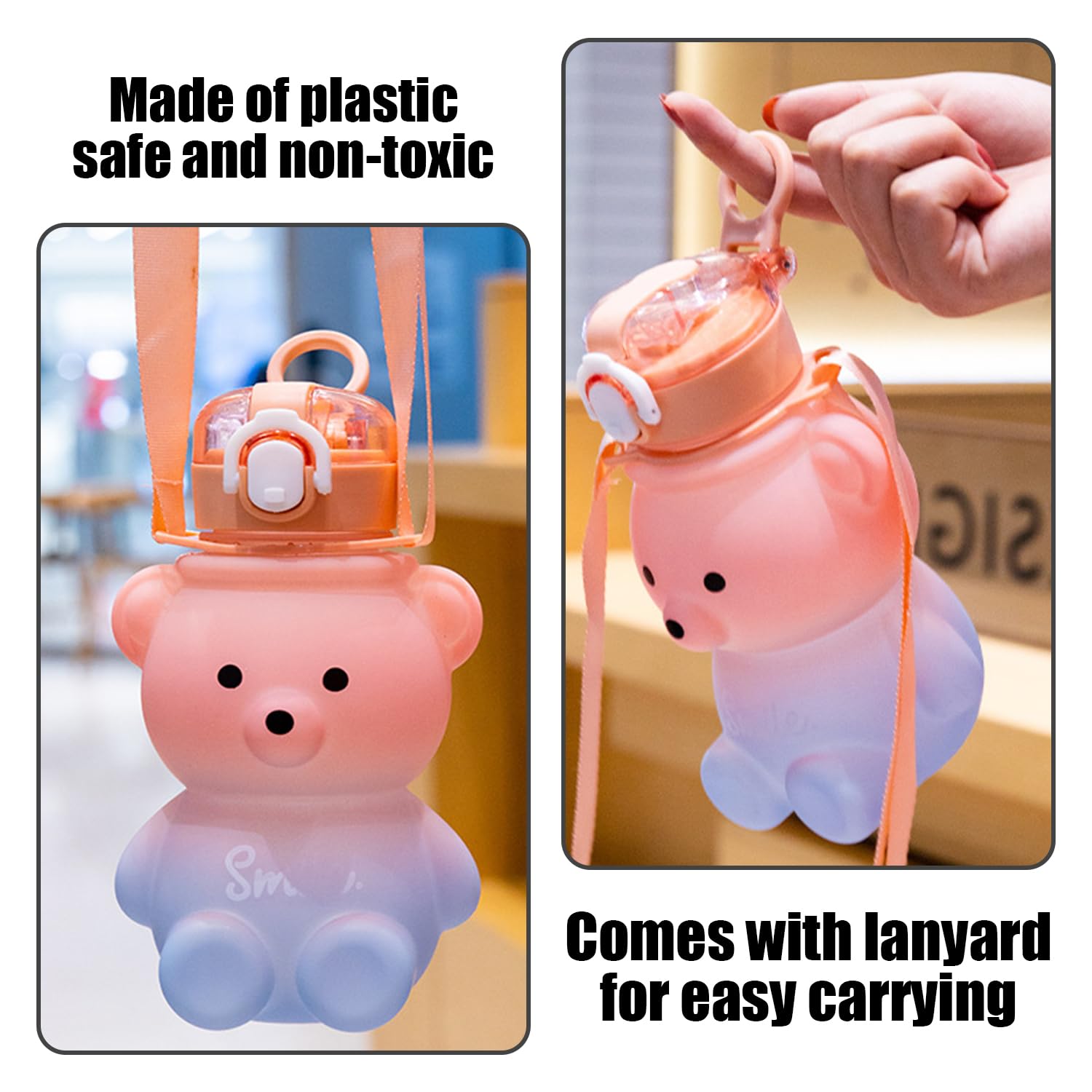 DUINIU Bear Straw Water Bottle - Children's Kawaii Water Cup With Shoulder Strap, Suitable For Kids And Women - Image 3
