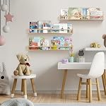 birola Nursery Book Shelves for Kids Rooms - 32 Inches Floating Wall Bookshelves Set of 3, Space-Saving Nursery Shelves with Beads Design for Kids Room, Bedroom and Study Room(Natural)