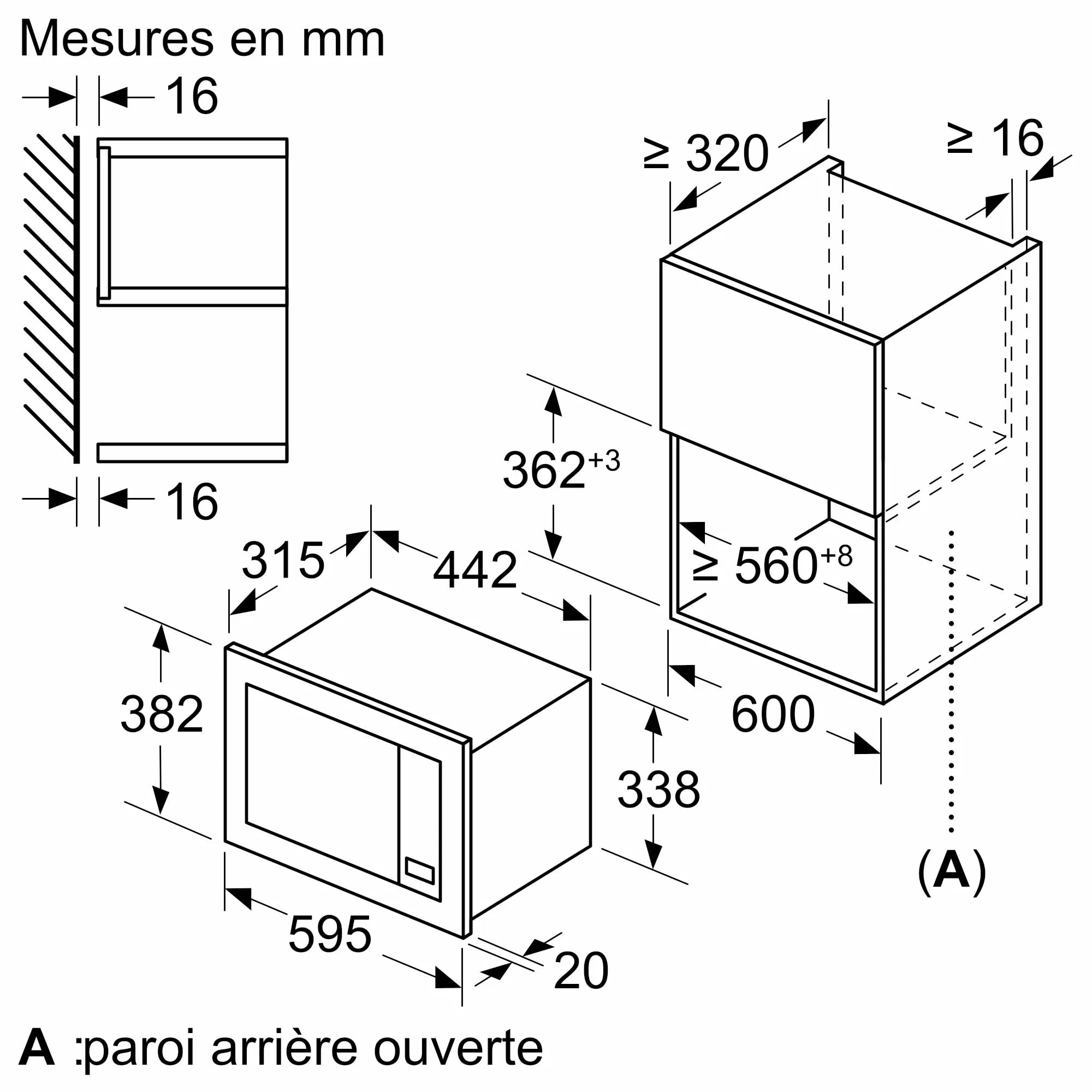 Bosch BFL623MB4, Série 2, Micro-ondes encastrable, 38.2x59.5 cm, 20 litres, Noir