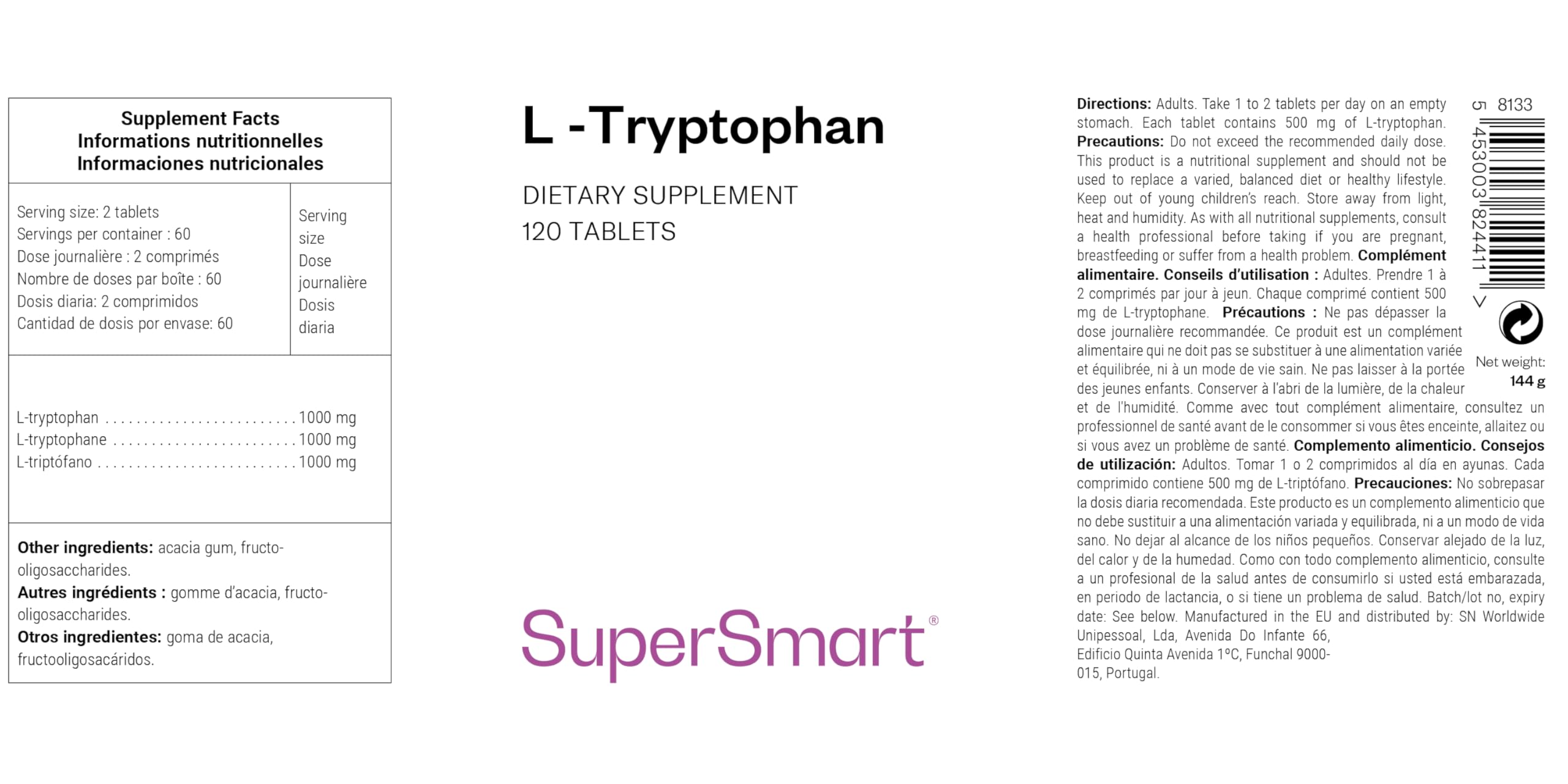 L-Tryptophane - Qualité du sommeil et Endormissement - Vegan - SuperSmart | Précurseur de la Sérotonine, de la Mélatonine, du 5-HTP et de la Niacine - Sans Gluten