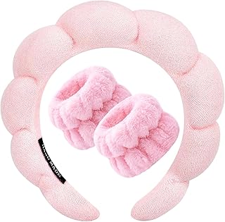 CORSULA Women 1Pcs Facial Spa Headband 2Pcs Wristband Combo Set, Pink Makeup Headband And Wrist Washband Set For Face Wash...