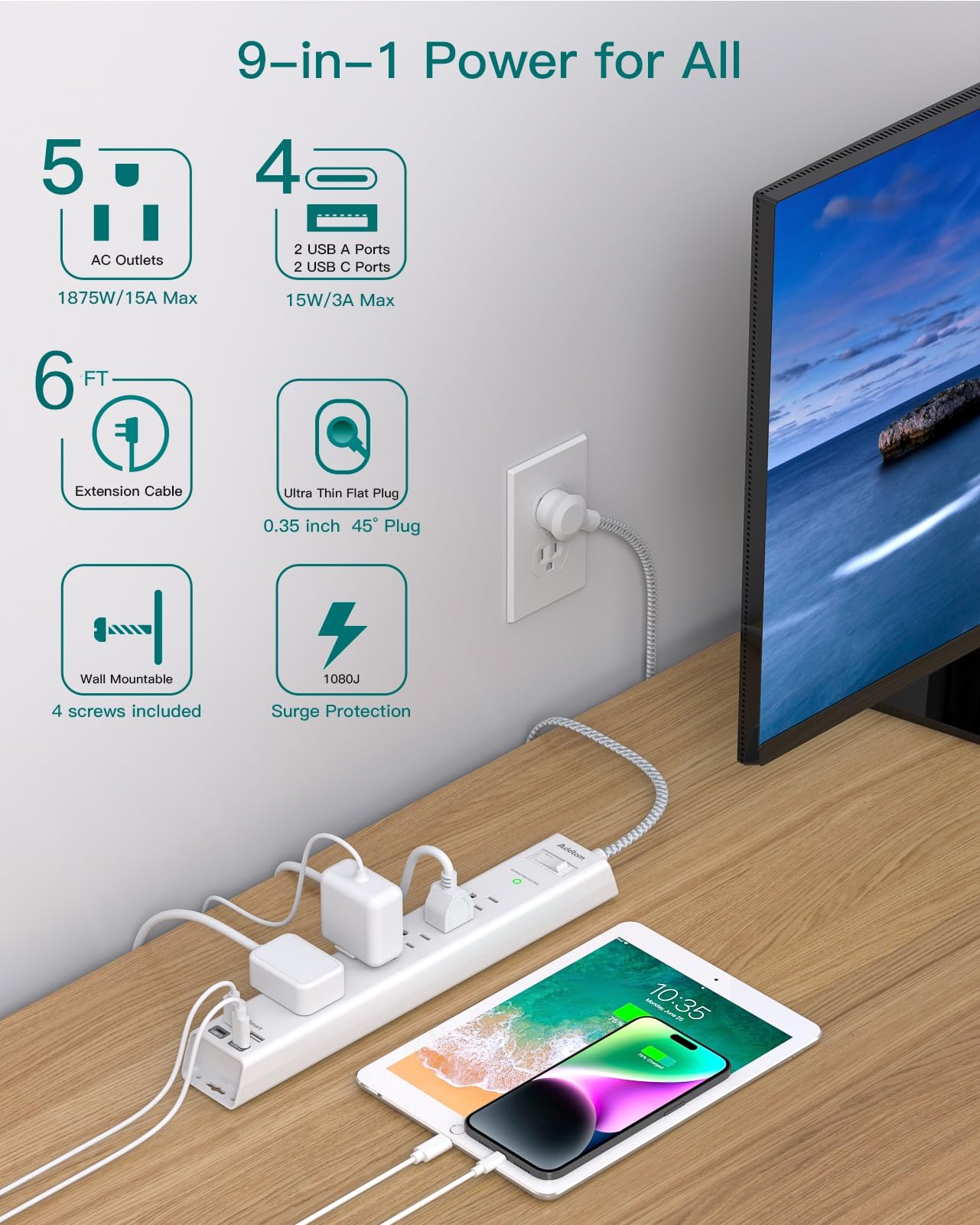 2 Pack Surge Protector Power Strip - 6ft, 5 Outlets + USB -3