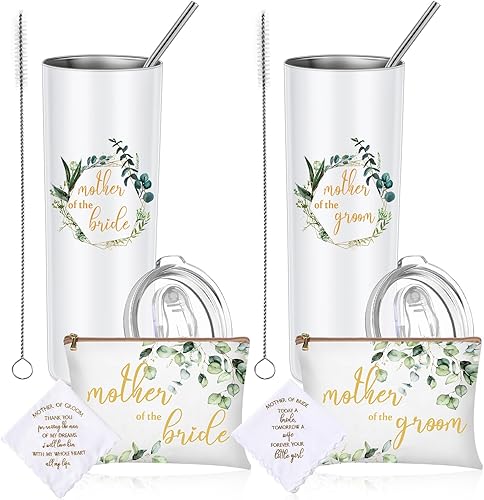 Paquete de 6 vasos de 20 onzas para madre del novio, madre de la novia, regalos de boda, bolsa de maquillaje para madre de novia y novio, bolsa de