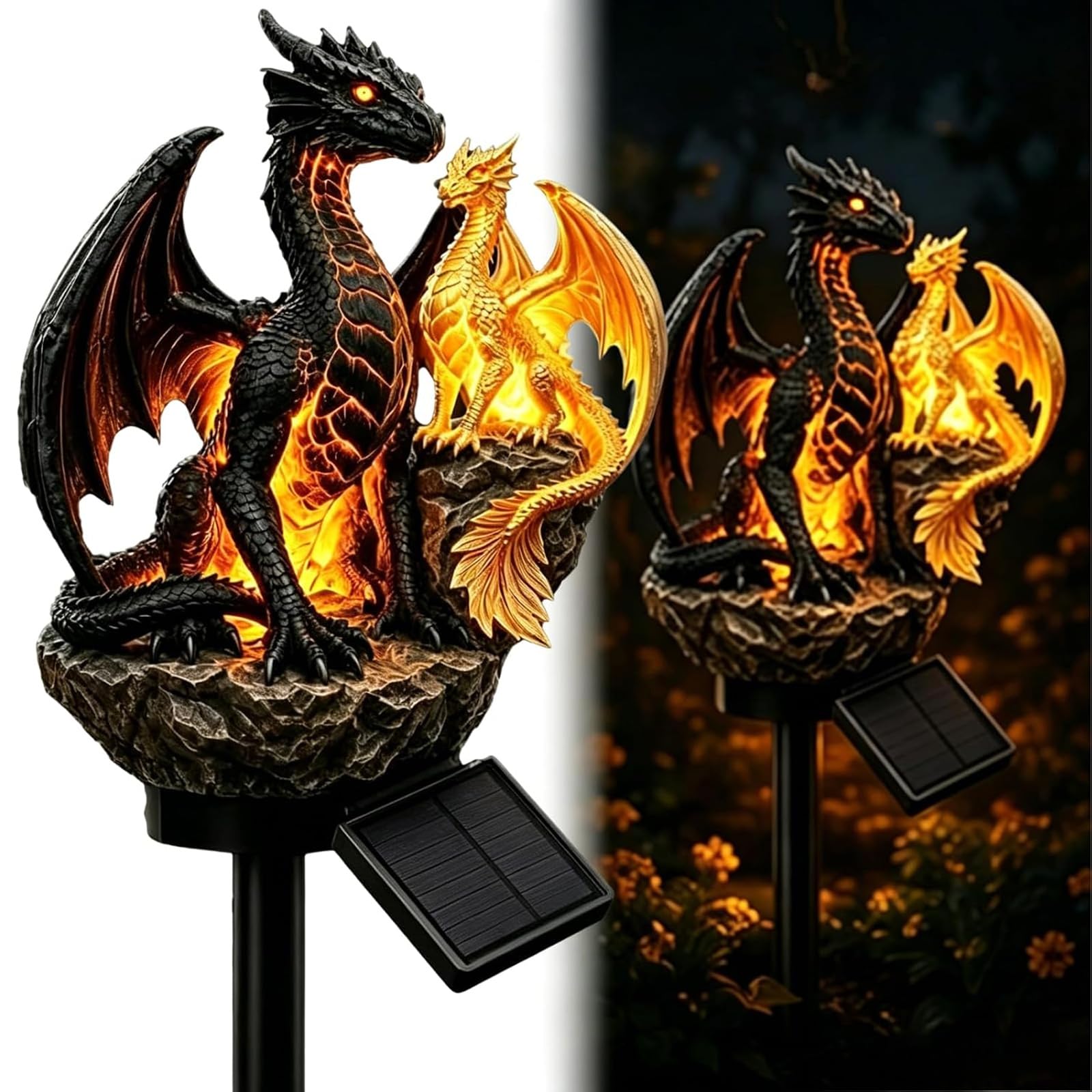 Pealeaf Dragon Solar Lights Outdoor Garden Ornament, Waterproof Resin Solar Dragon Stake Light with Auto On Off Warm Glow, Fantasy Garden Decor for Lawn Patio Pathway Yard (#B,1PCS)