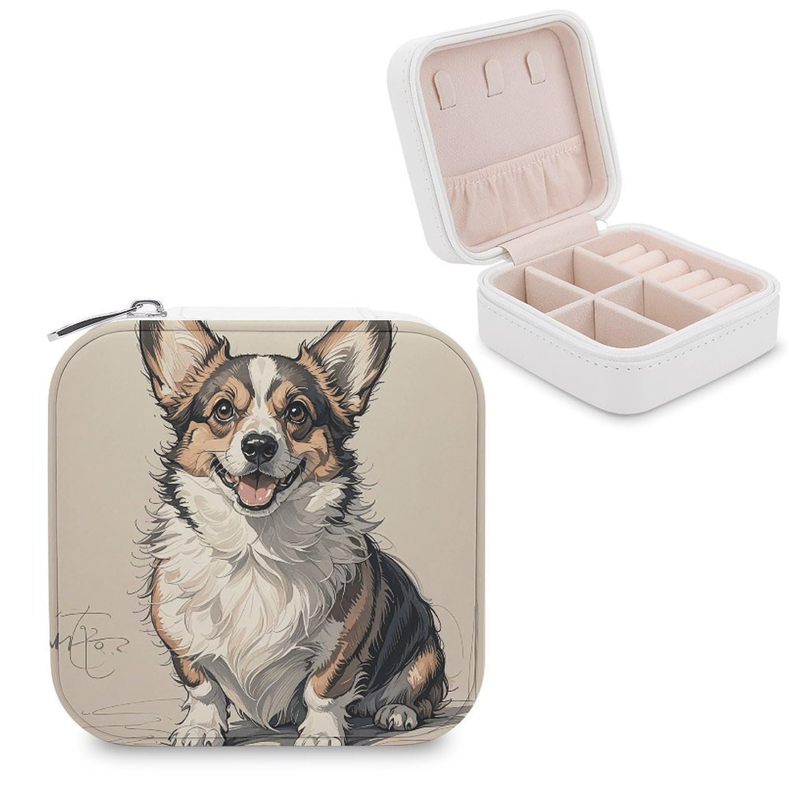 FekiLoot Hand Drawn Sketch Corgi Jewelry Case Personalized Leather Jewelry Box Mini Travel Jewelry Case Small Portable Jewelry Organizer for Ring Earrings Necklace Bracelet