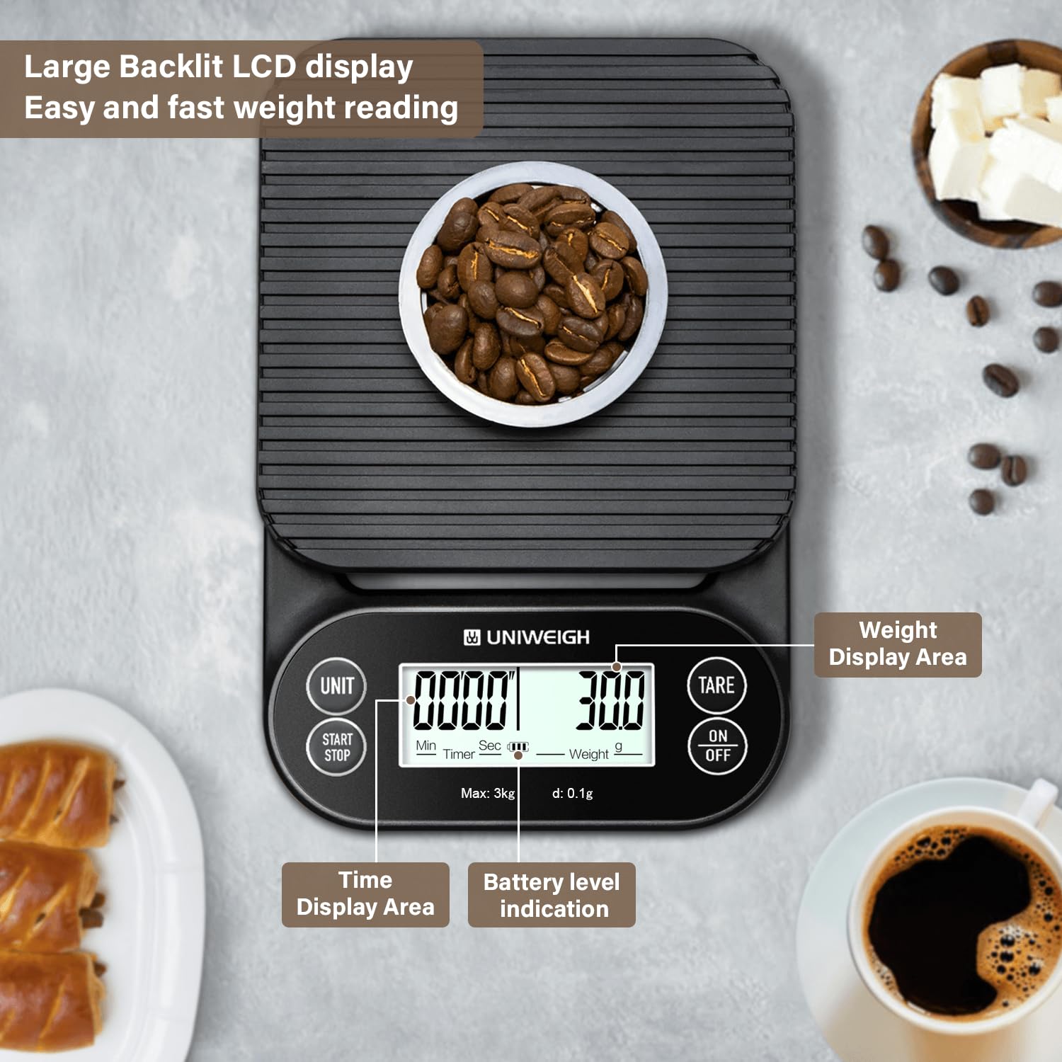 Báscula digital de café con temporizador de 6.6 lbs/0.00 oz, báscula de café espresso de alta precisión con temporizador/apagado automático/función de tara, para verter sobre café por goteo, báscula 3