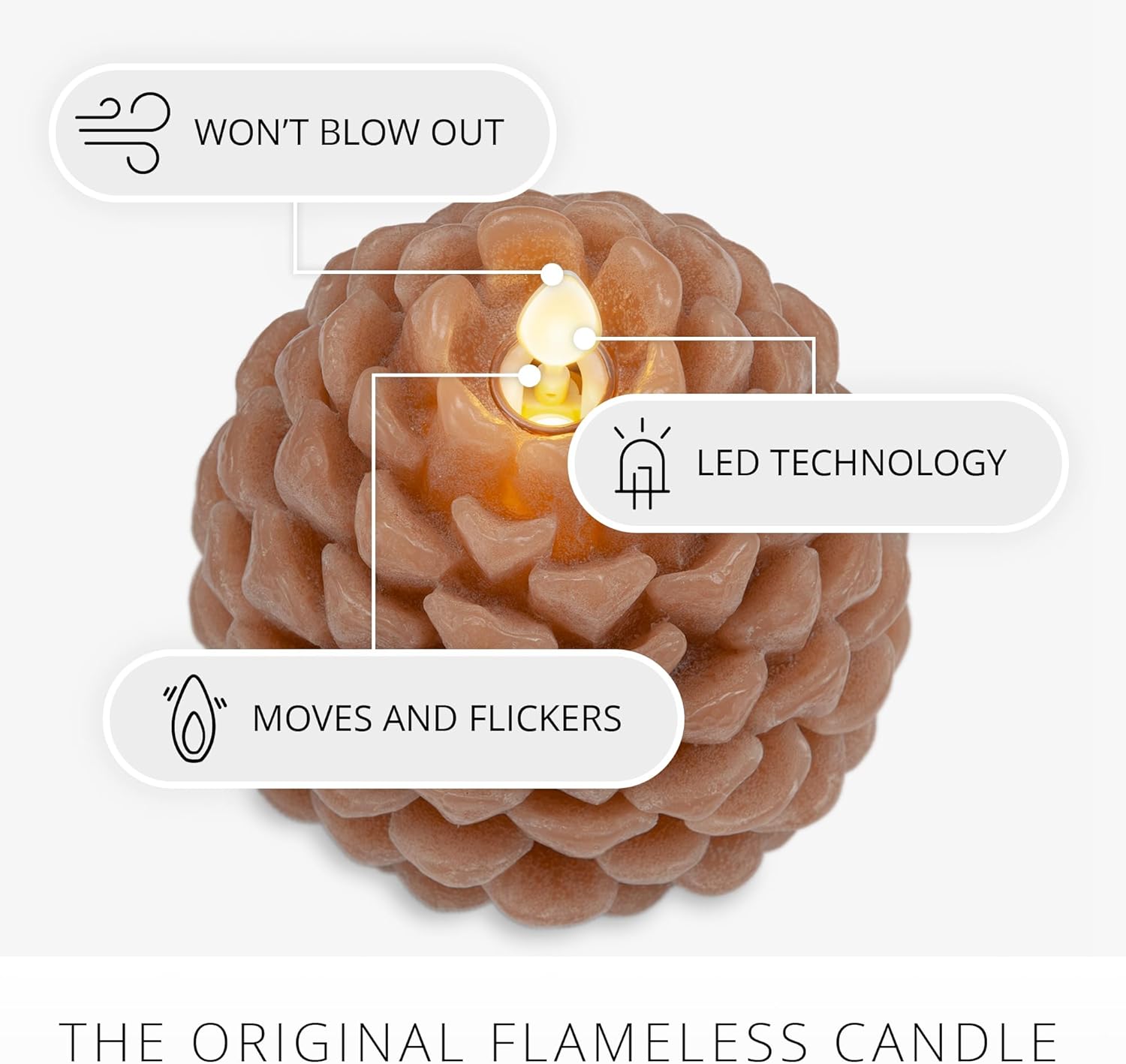 Luminara Flameless Candle 3.9"x4.3" Battery Operated with Timer Real Wax Unscented LED Pinecone Caramel Café Chalky Finish Pine Cone Figural Holiday Decoration Rustic Centerpiece Table Decor