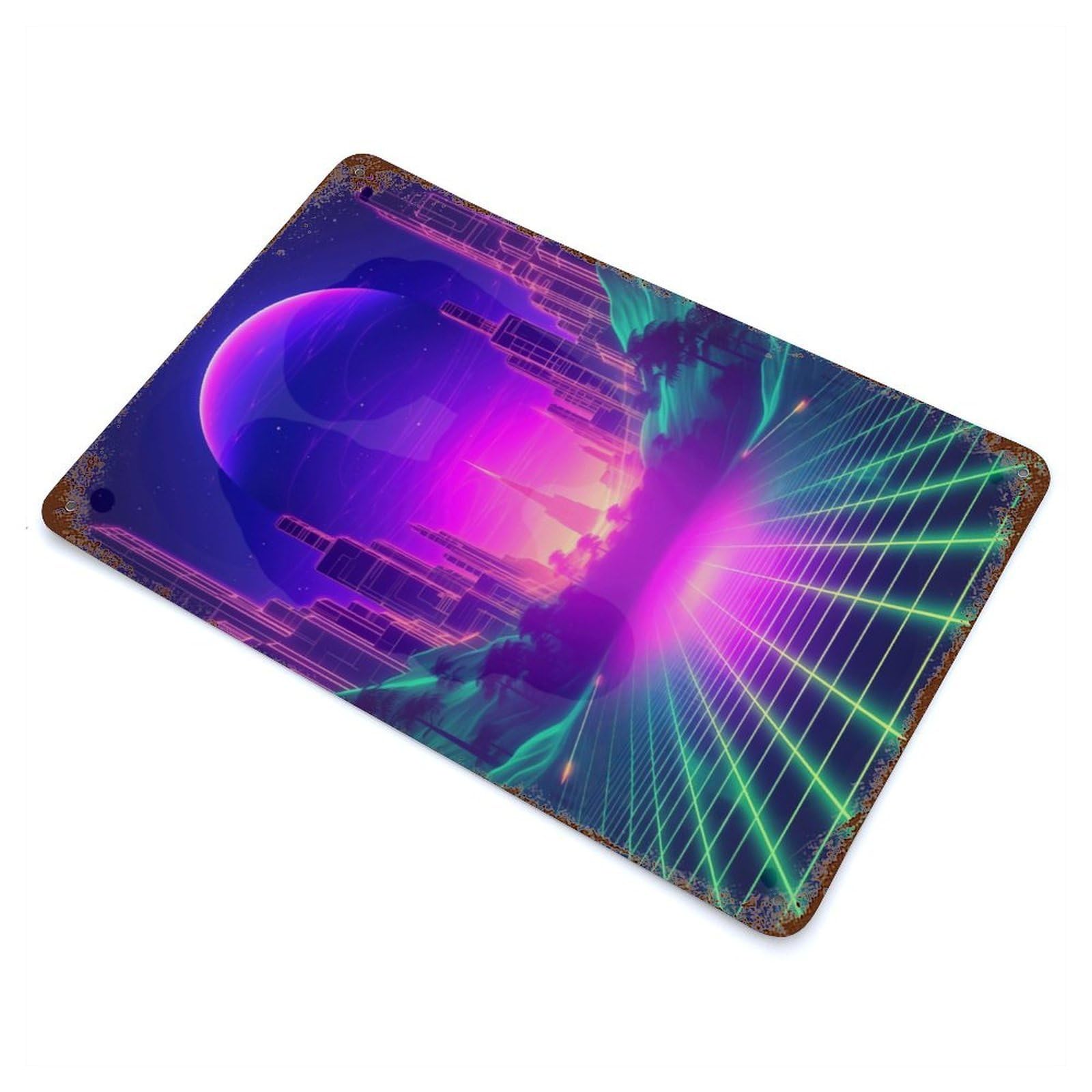 Weathered Tin Sign with Futuristic Retrowave Vibes Design 11.8"x7.9", for Garage, Bar And Workshop Decor, Decorative Metal Wall Art