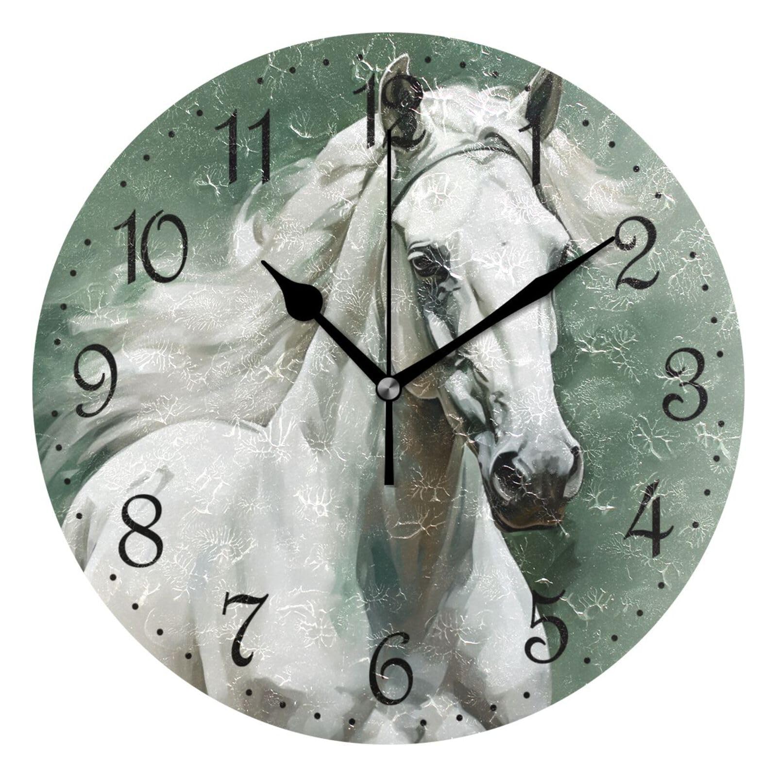 Mnsruu Wall Clock White Horse, Silent Non-Ticking Decorative Wall Clocks Battery Operated 25x25cm