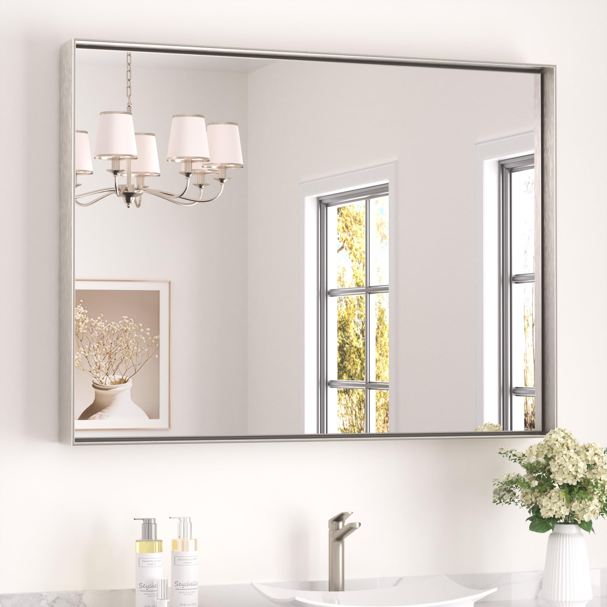 Keonjinn 40x30 Inch Brushed Nickel Bathroom Mirror for Over Sink, Rectangle