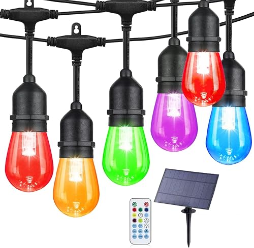 Guirnalda de luces solares para exteriores de 96 pies, 30 bombillas LED Edison inastillables, luces RGB regulables que cambian de color con control