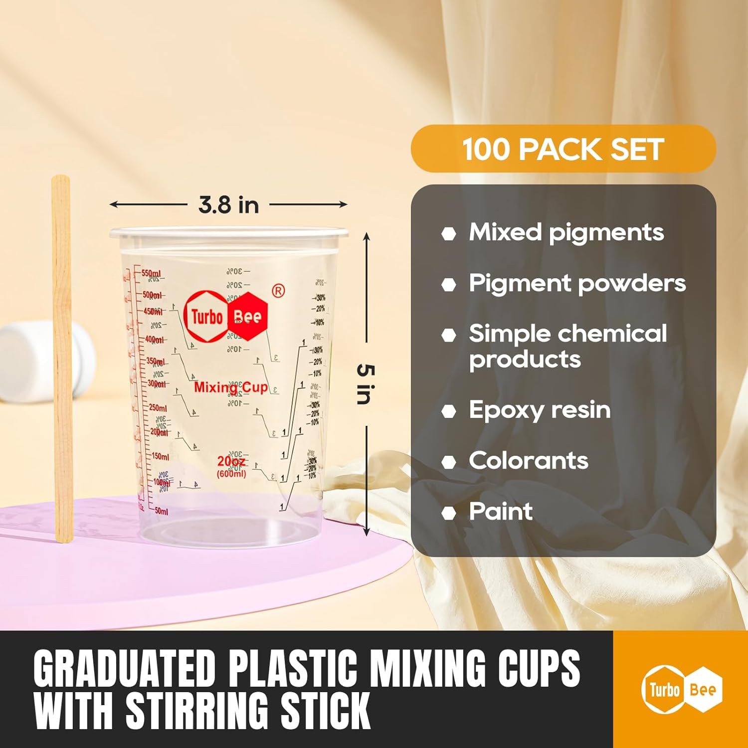 20oz Resin Mixing Cups - [Easy-Separate Design] 100 Pack Graduated PP Plastic Mixing Cups for Epoxy Resin, Paint & Automotive - Includes 100 Stir Sticks, Calibrated Ratios 2:1 3:1 4:1, ML & OZ