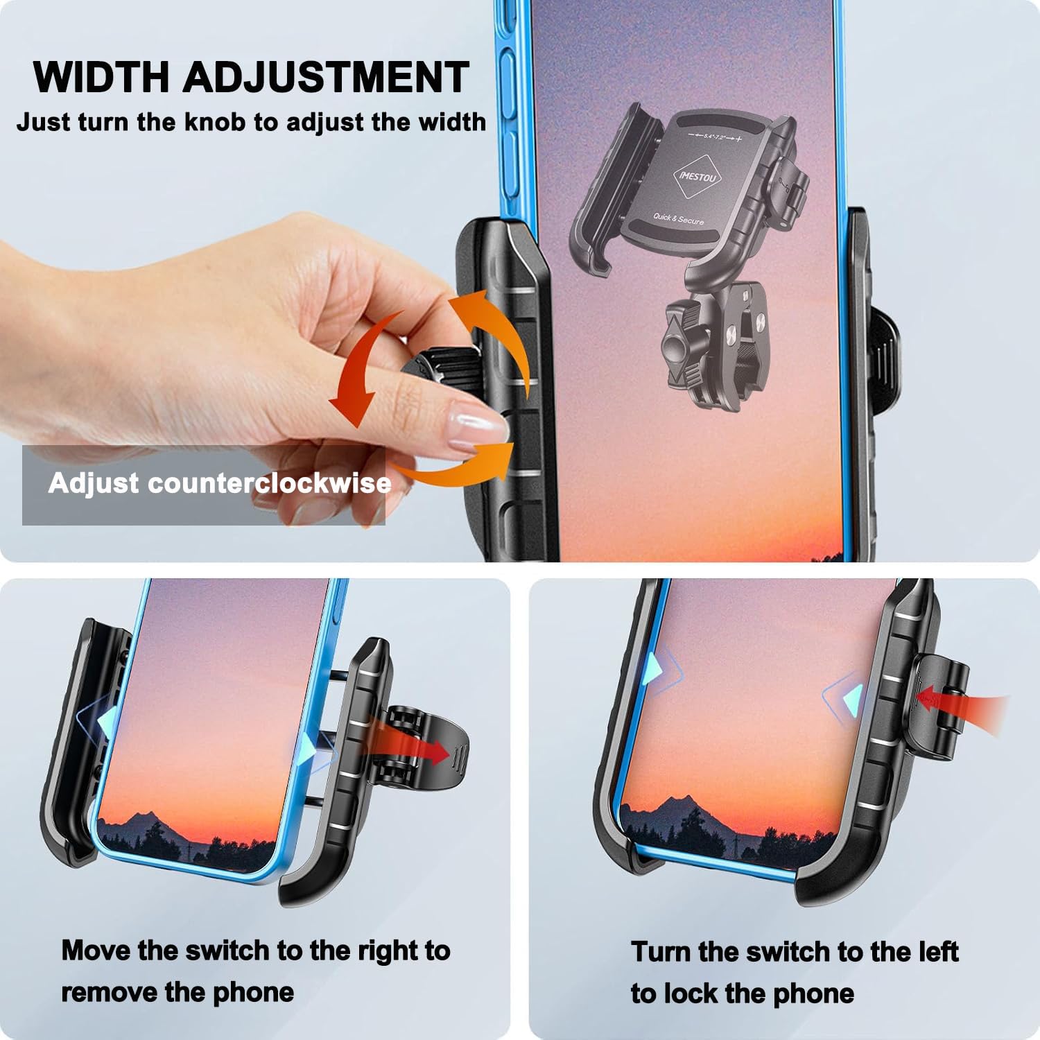 iMESTOU Ulepszony antywibracyjny uchwyt na telefon uniwersalny do iPhone'a Samsung 13.7 cm-18.3 cm smartfonów o grubości do 15 mm, szybkie zapięcie, amortyzator, pasuje do kierownicy motocykla 12-45