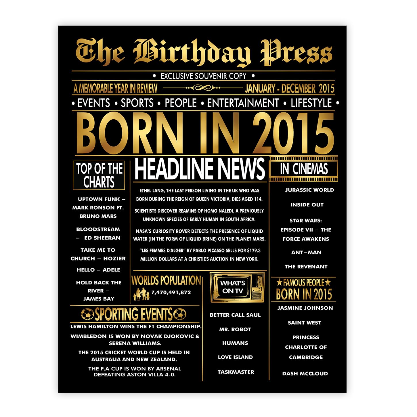 Stuff4 Gold 11th Birthday Poster Unframed, Golden Born In 2015 Newspaper