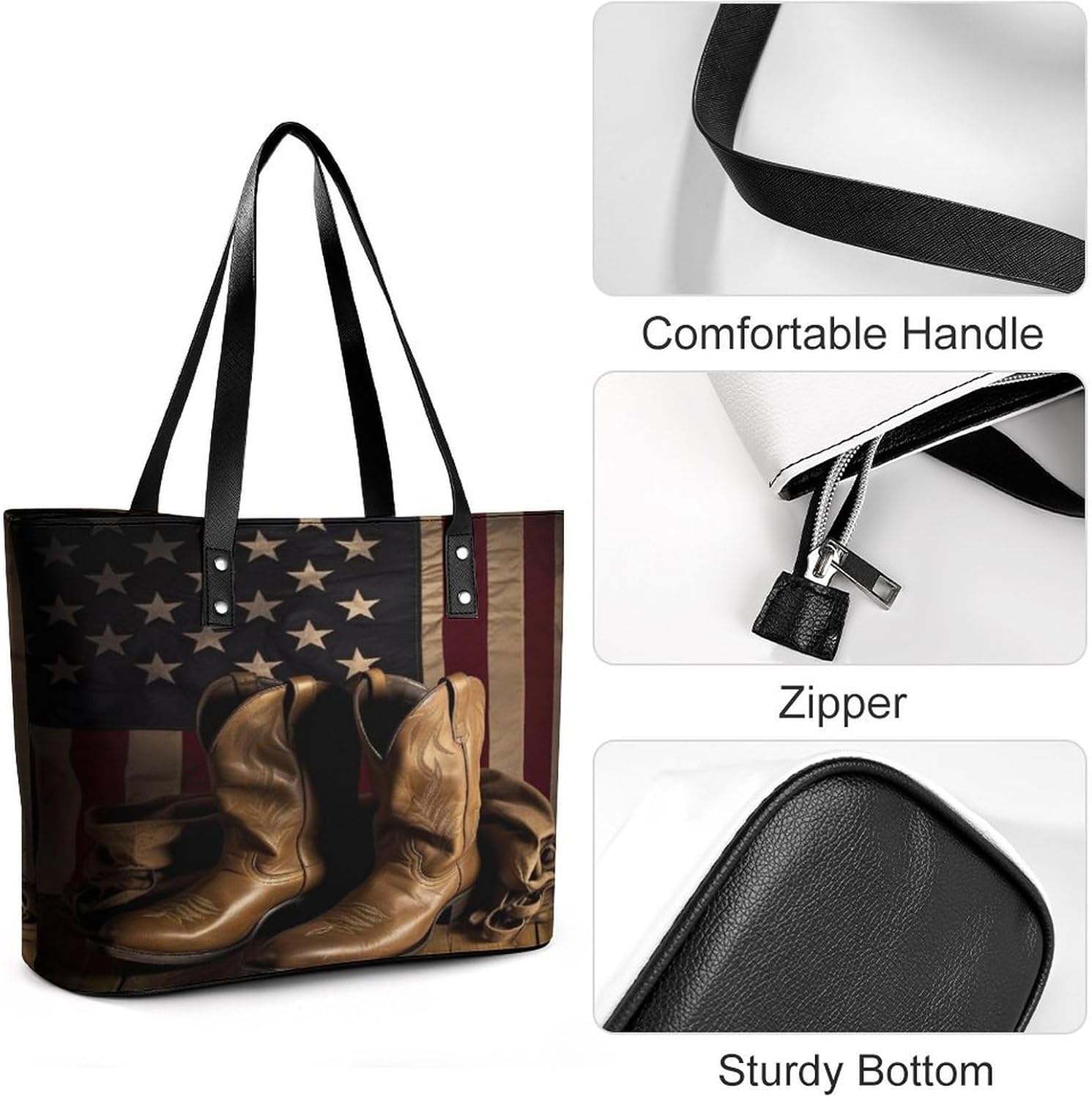 American Flag with Cowboy Boots Tote Bag Large Soft Leather Purse with Zipper Lightweight Ladies Shoulder Handbag