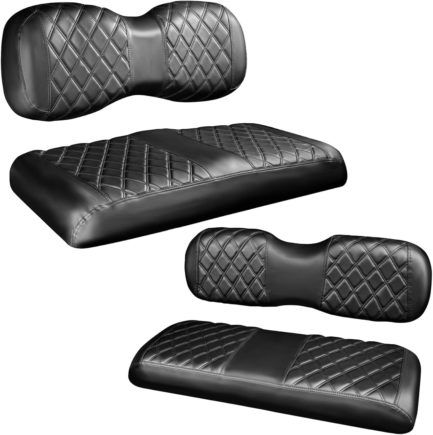 NOKINS 4PCS Golf Cart YD Diamond Seat Covers Kit,Front and Rear Seat Covers for Yamaha Drive/Drive 2 Original Regular Seat Cushion, No Stapler, Golf Cart Vinyl Replacement Seat Cover,Black Stitching