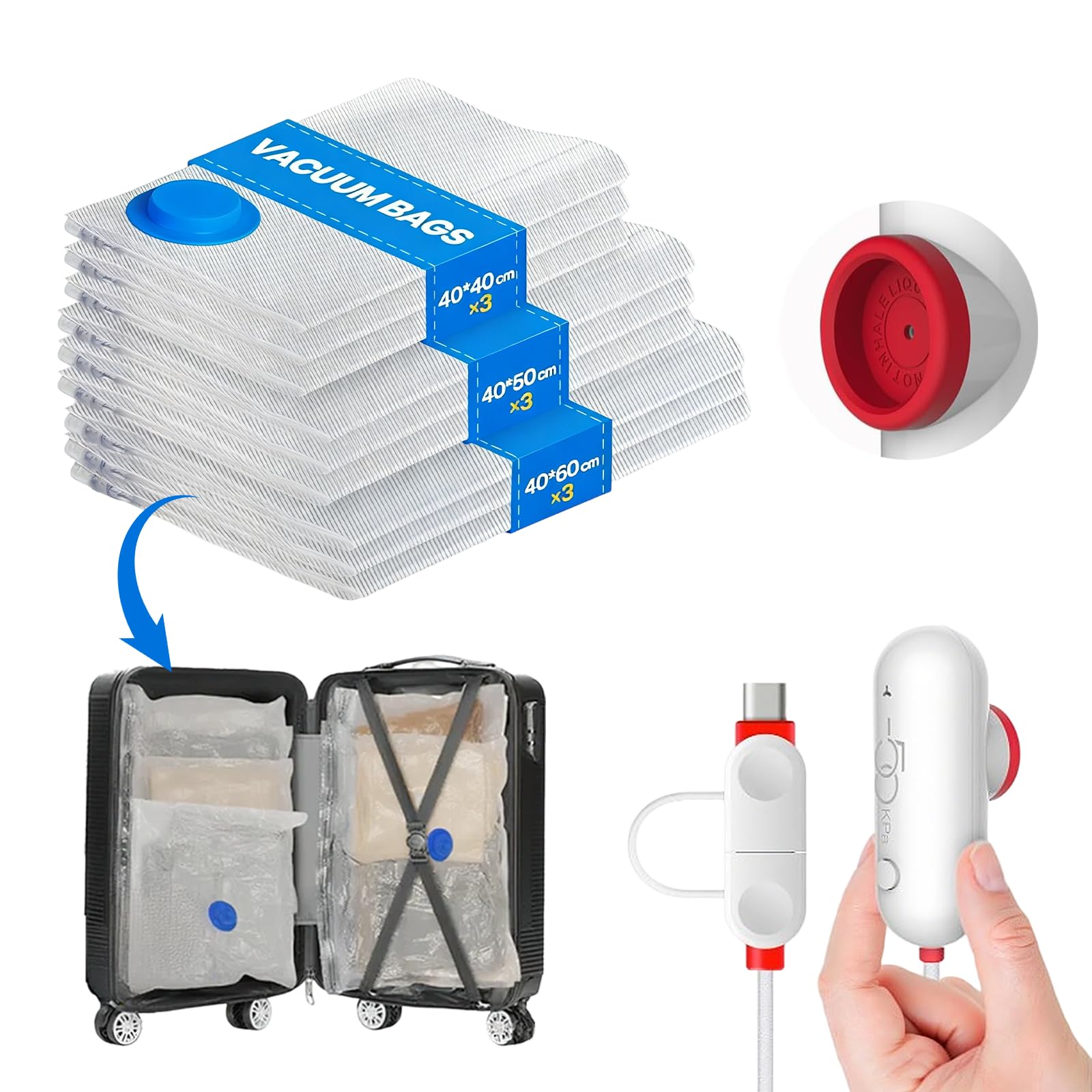 Sacs sous vide pour vêtements avec pompe électrique USB Lot de 9 sacs de compression de voyage