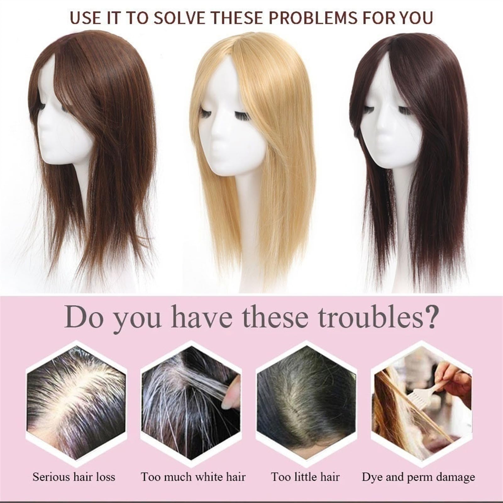 Flequillo Postizo de Pelo Natural y Sintético para Mujer - Adorno de Pelo Liso con 3 Clips - Hair Topper con Peluca Recta