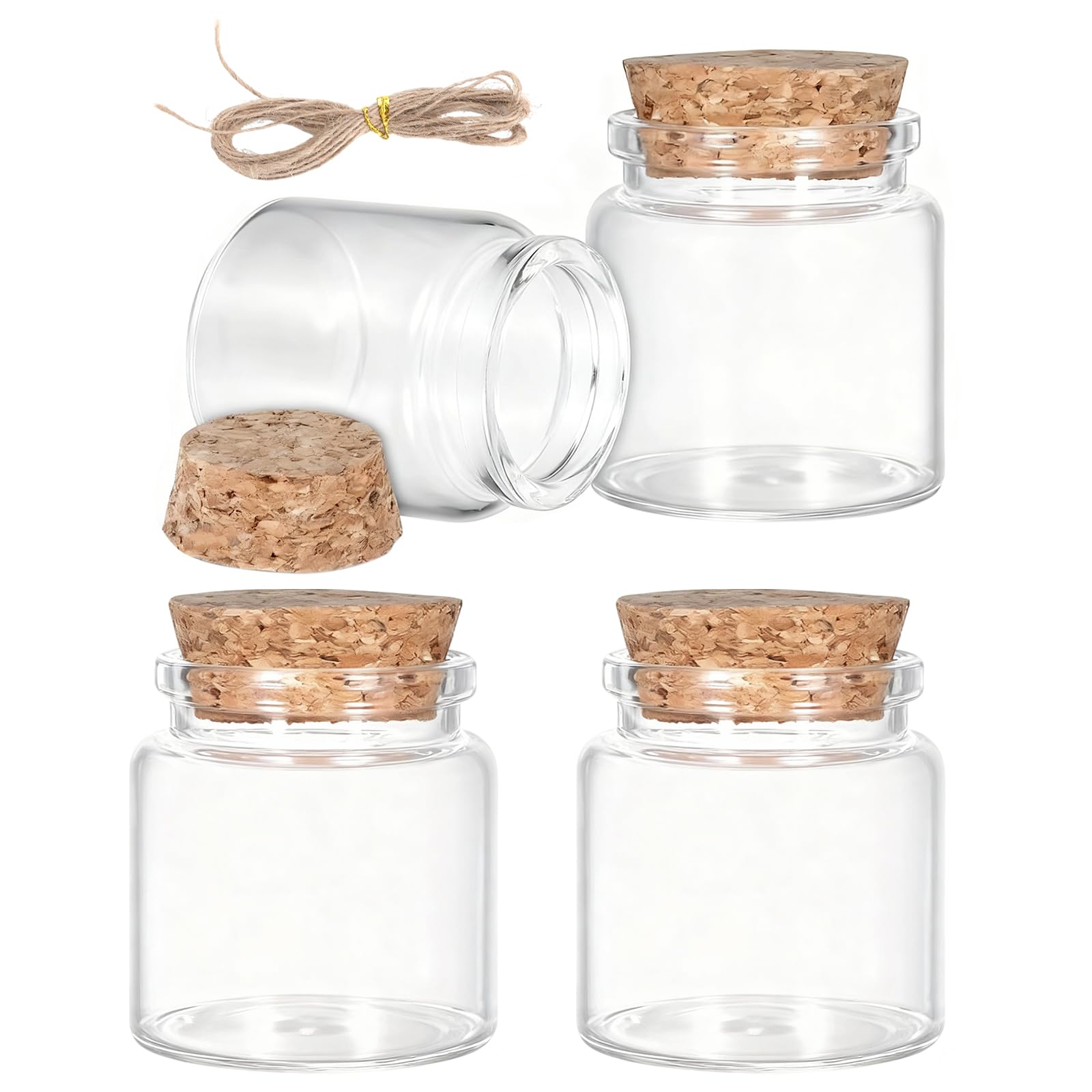 VOSSOT Mini butelki szklane z korkiem, 4 sztuki, 50 ml, małe szklane butelki do napełniania, dekoracja weselna, słoiki na przyprawy, styl boho, wielokrotnego użytku, dekoracja na imprezę, szklane