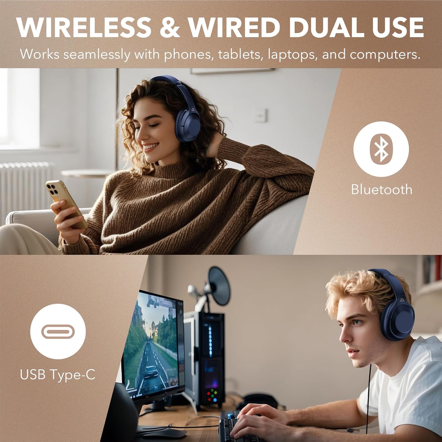 YMOO Y7 headphones showing wireless and wired dual use