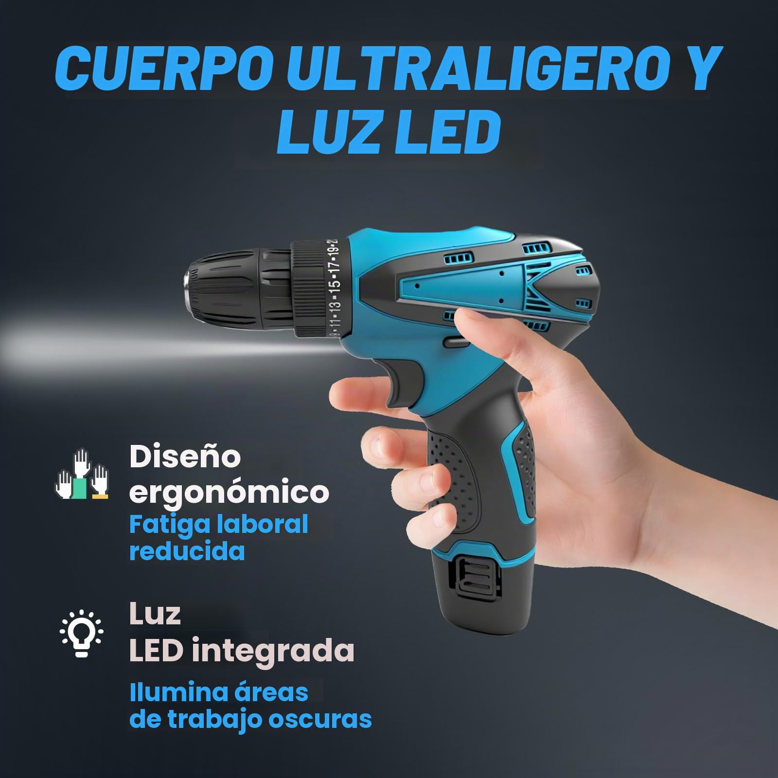 Atornillador con batería, 12V, más de 25 ajustes de torque, 2 velocidades, luz LED, diseño sin cable, pequeño atornillador de batería para paredes de perforación, madera