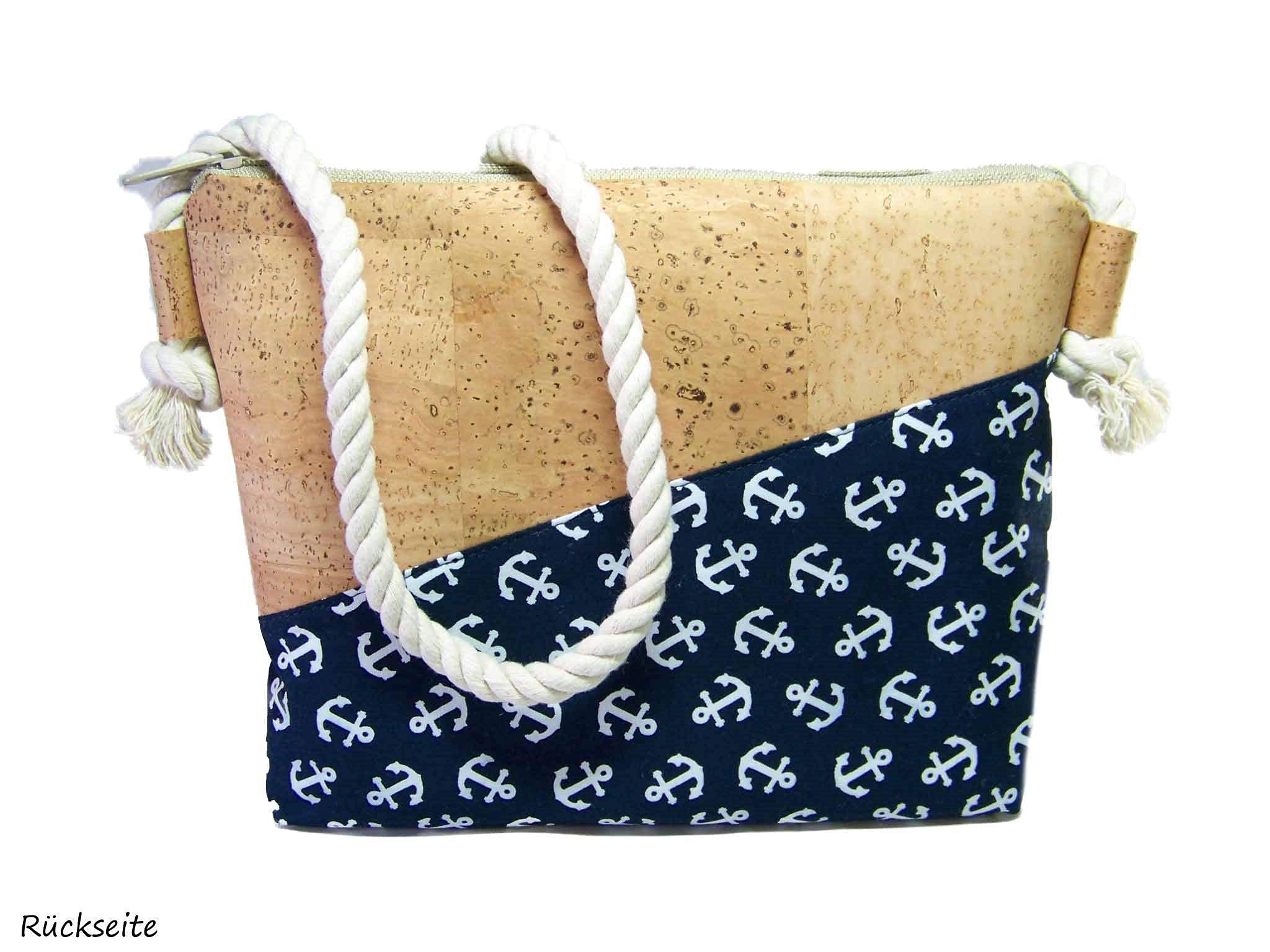 Handmade Korktasche mit Anker Stoff Schultertasche Umhängetasche Damen Tasche Handtasche, nachhaltig vegan und fair